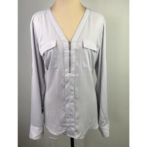 EXPRESS Women's Medium Blouse Top Blush V-Neck Light Blue Roll Tab Sleeve NWT